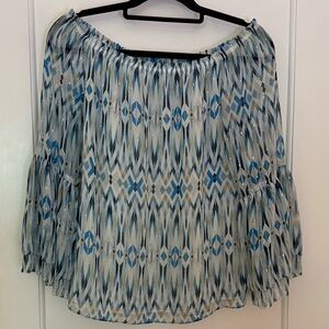 White House Black Market Blue and Silver Bell Sleeve Blouse